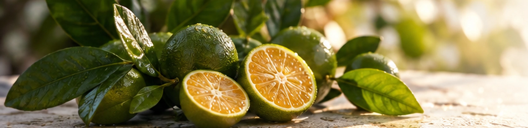 Calamansi growing among leaves, one cut open to show its orange flesh